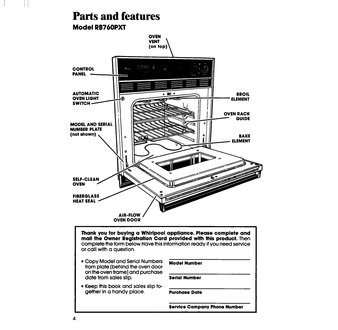 Whirlpool manual Parts and features, Model RB760PXT 