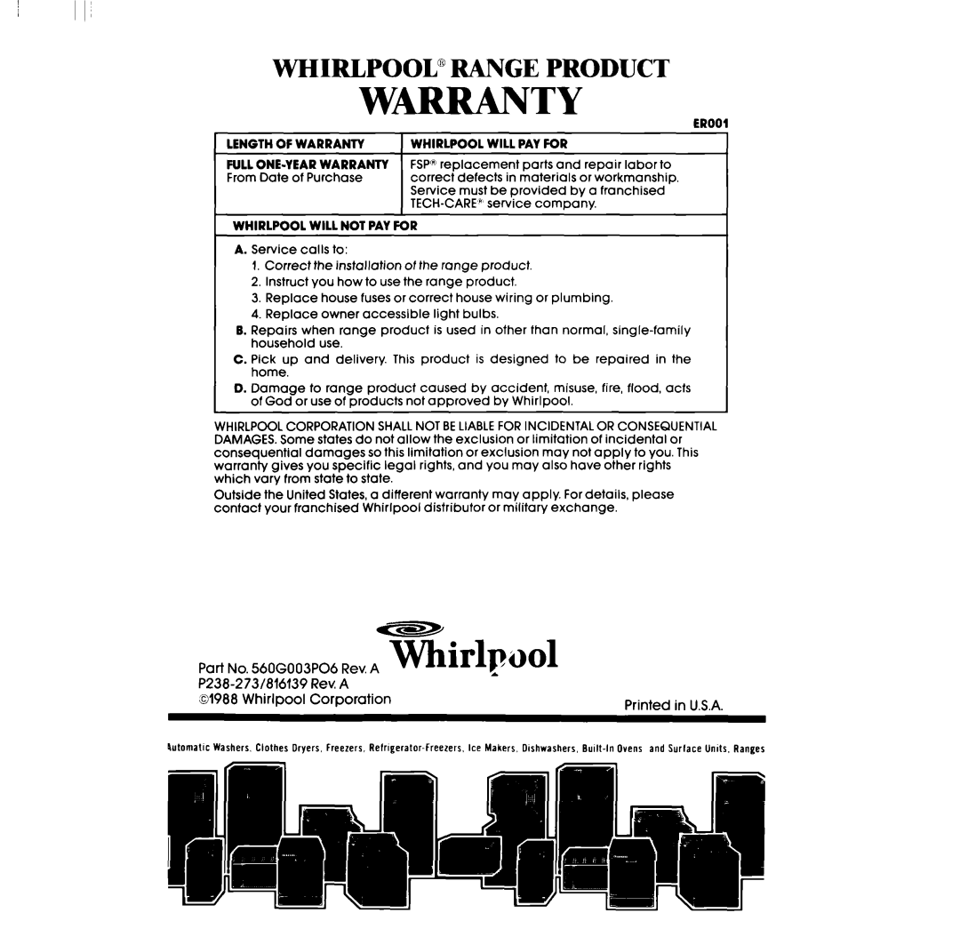 Whirlpool RB760PXT manual Whirlpool@ Range Product, W-Ty 