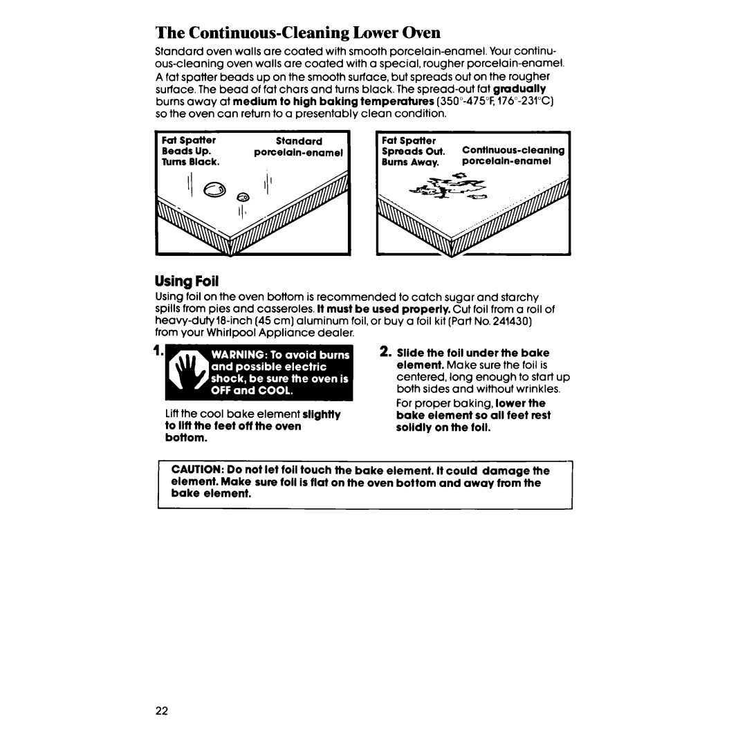 Whirlpool RB770PXT manual Continuous-Cleaning Lower Oven, 2out, Using Foil, Contlnuous-cleaning 1B~G~iway Porcelain-enamel 