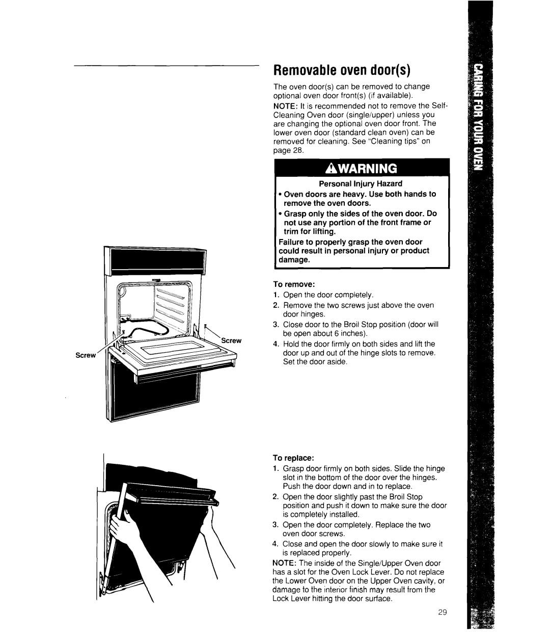 Whirlpool RB760PXX, RB770PXX, RB170PXX, RB160PXX manual Removable oven doors 