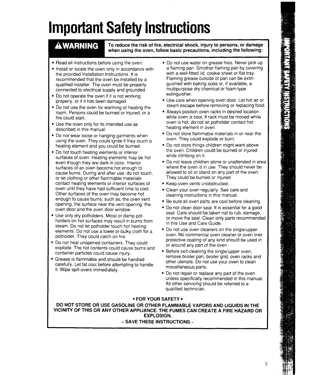 Whirlpool RB160PXX, RB770PXX, RB760PXX, RB170PXX manual ImportantSafetyInstructions 