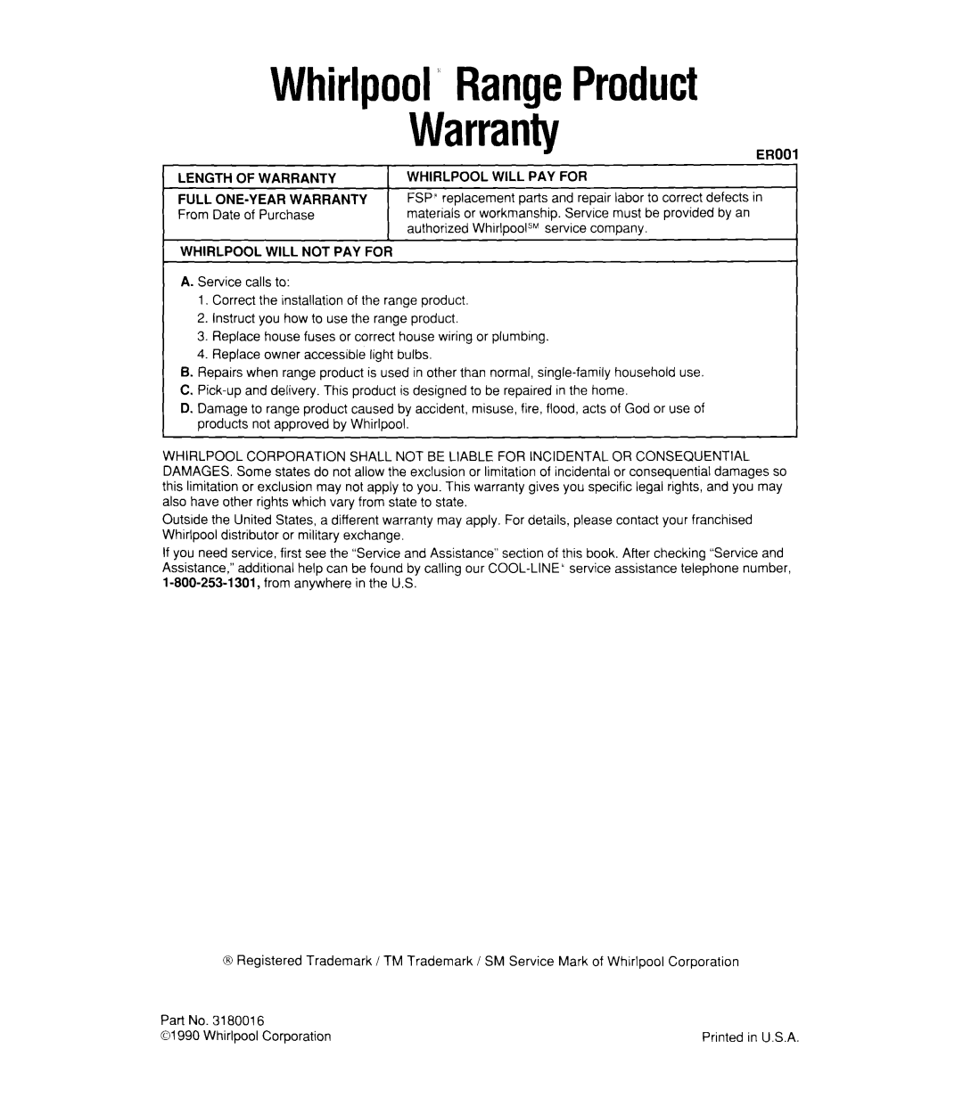 Whirlpool RB770PXX, RB760PXX, RB170PXX, RB160PXX manual Whirlpool RangeProduct Warranty, EROOl 