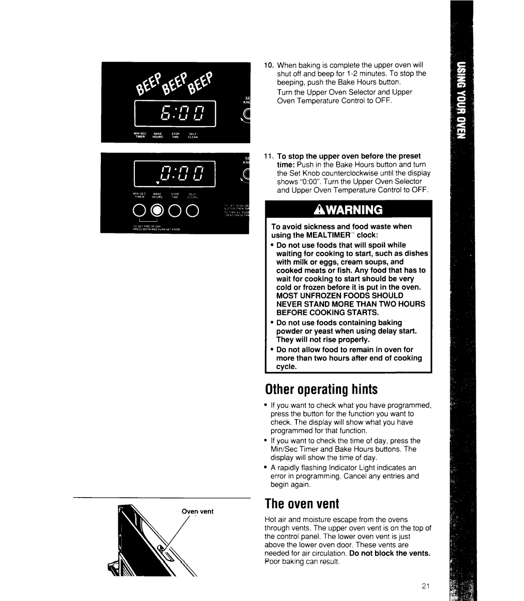 Whirlpool RB760PXX, RB770PXX, RB170PXX, RB160PXX manual Other operating hints, The oven vent 