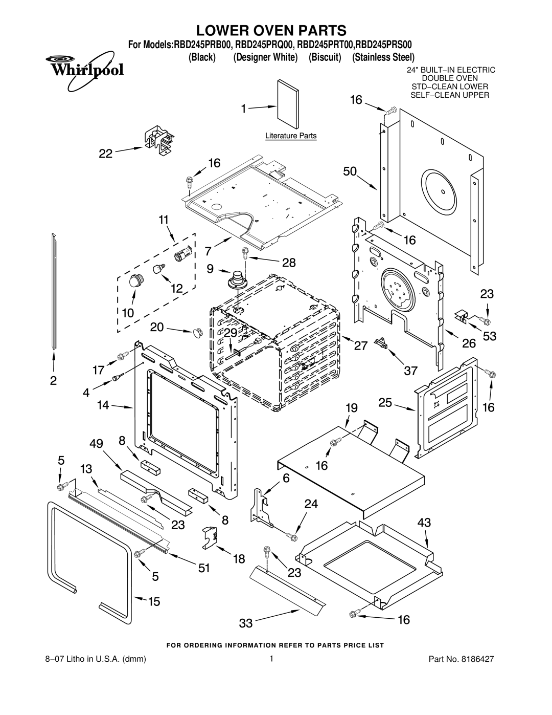 Whirlpool RBD245PRT00, RBD245PRB00, RBD245PRS00, RBD245PRQ00 manual Lower Oven Parts 