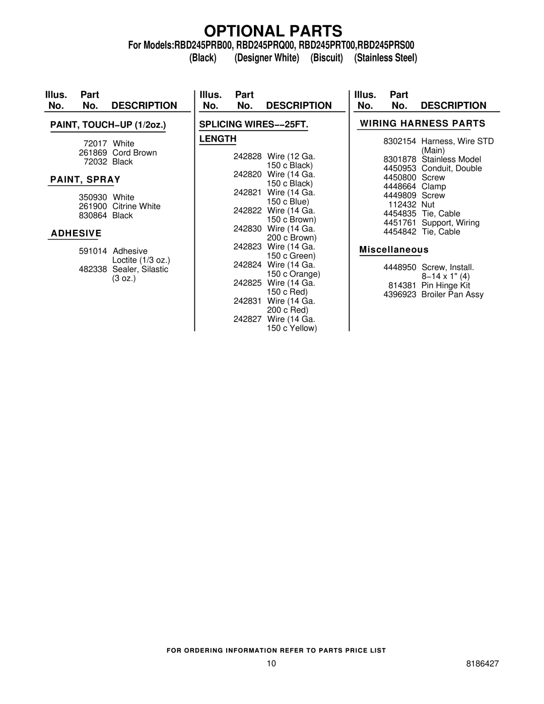 Whirlpool RBD245PRS00, RBD245PRB00, RBD245PRT00, RBD245PRQ00 manual Optional Parts, Splicing WIRES−−25FT Length 