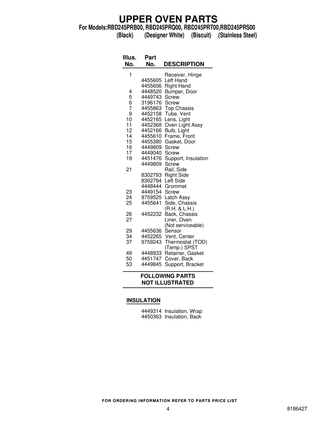 Whirlpool RBD245PRB00, RBD245PRT00, RBD245PRS00, RBD245PRQ00 manual Upper Oven Parts, Illus Part No. Description 