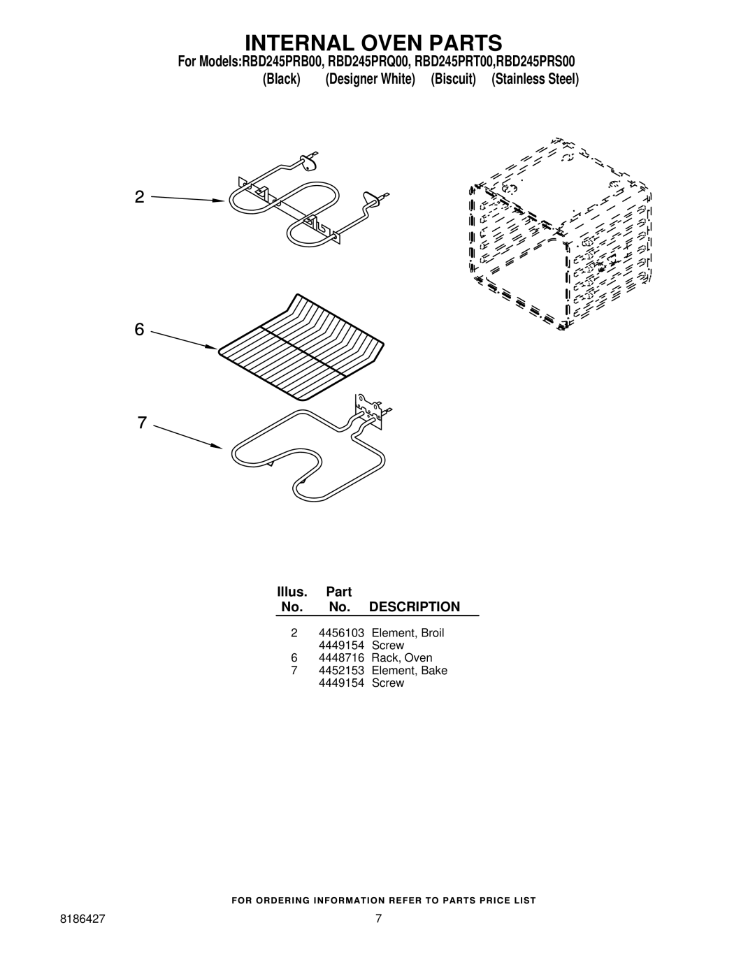 Whirlpool RBD245PRQ00, RBD245PRB00, RBD245PRT00, RBD245PRS00 manual Internal Oven Parts 