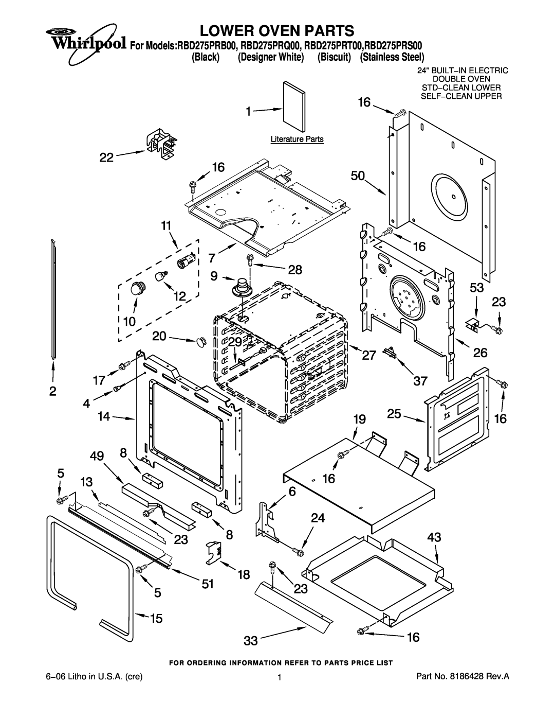 Whirlpool manual Lower Oven Parts, For ModelsRBD275PRB00, RBD275PRQ00, RBD275PRT00,RBD275PRS00, Part No. 8186428 Rev.A 