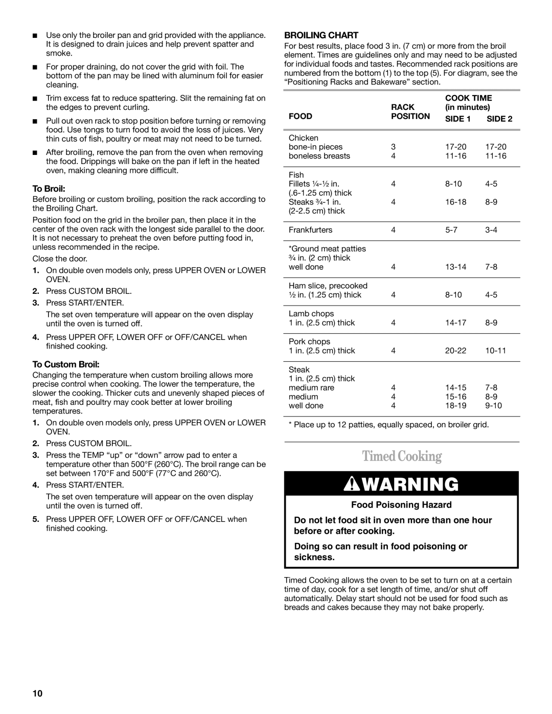 Whirlpool RBD276 manual Timed Cooking, To Broil, To Custom Broil, Broiling Chart 