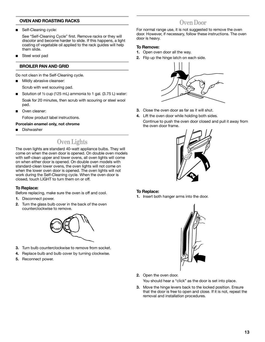 Whirlpool RBD276 manual Oven Lights, Oven Door, Oven and Roasting Racks, Broiler PAN and Grid 