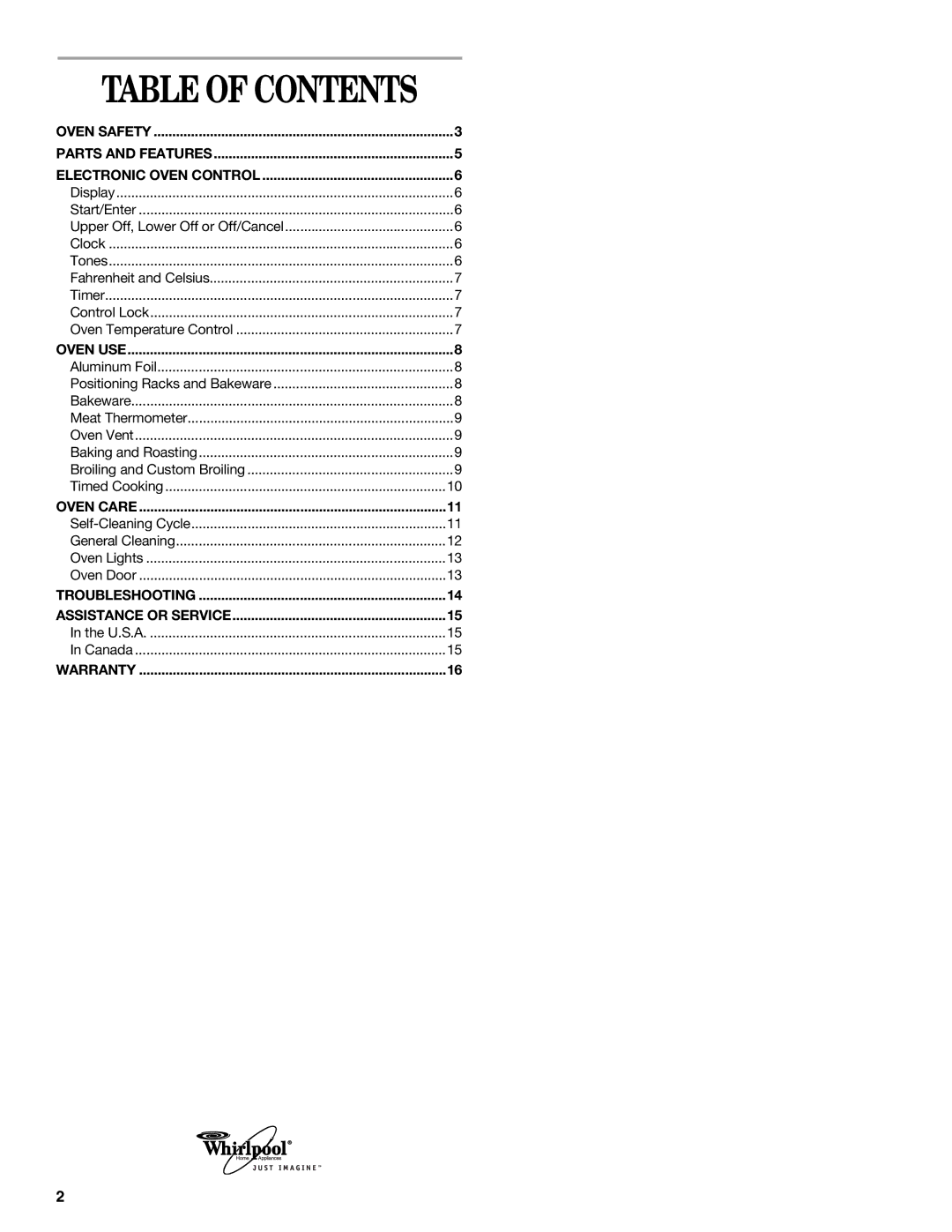 Whirlpool RBD276 manual Table of Contents 