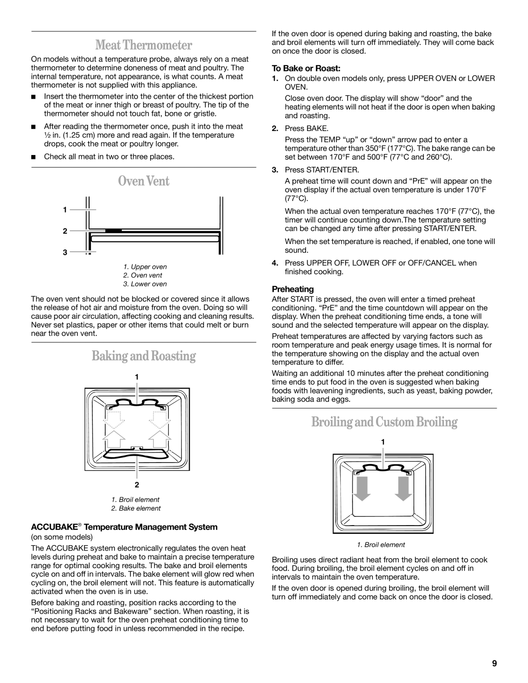 Whirlpool RBD276 manual Meat Thermometer, Oven Vent, Baking and Roasting, Broiling and Custom Broiling 