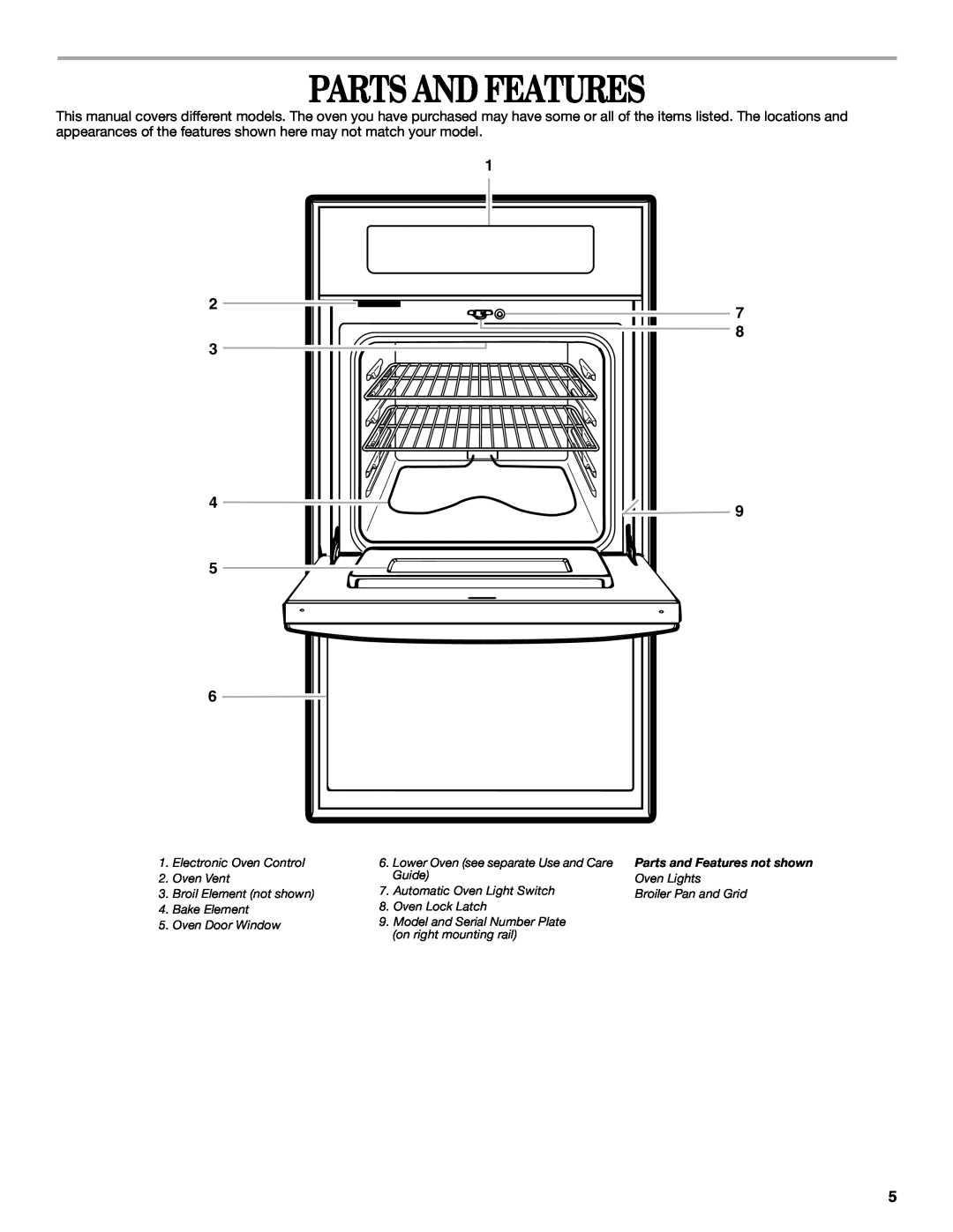 Whirlpool RBD276 manual Parts And Features, Parts and Features not shown 