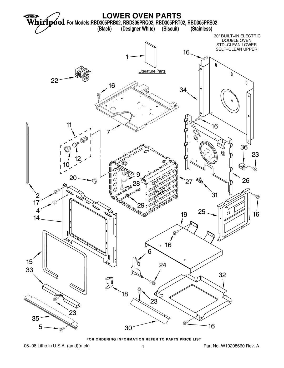 Whirlpool RBD305PRQ02, RBD305PRT02, RBD305PRB02, RBD305PRS02 manual Lower Oven Parts 