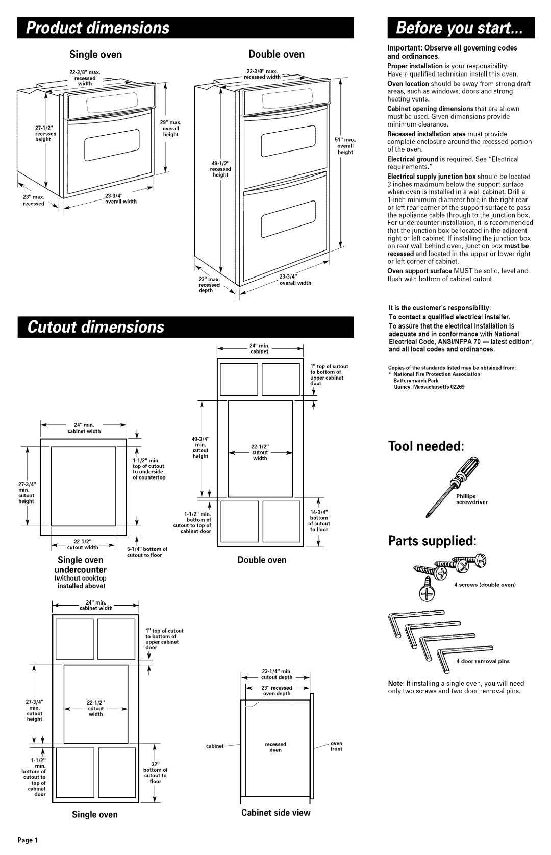 Whirlpool RBD306 manual Without cooktop Installed above, Recessedinstallation area must provide 