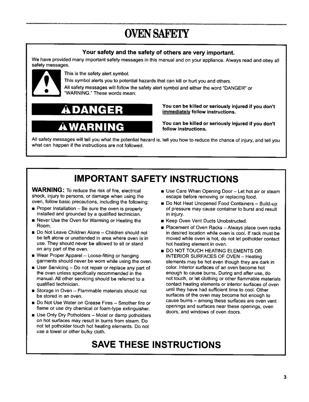 Whirlpool RBD306 manual Important Safety Instructions, Save These Instructions, Ovensafety 