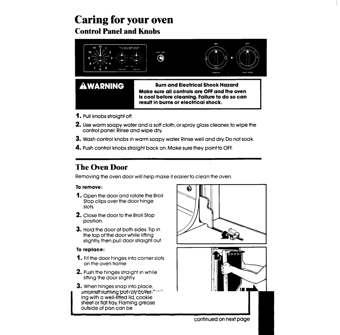 Whirlpool RBIOOPXV, RBIOOOXV manual Caring for your oven, Control Panel and Knobs, Oven Door 