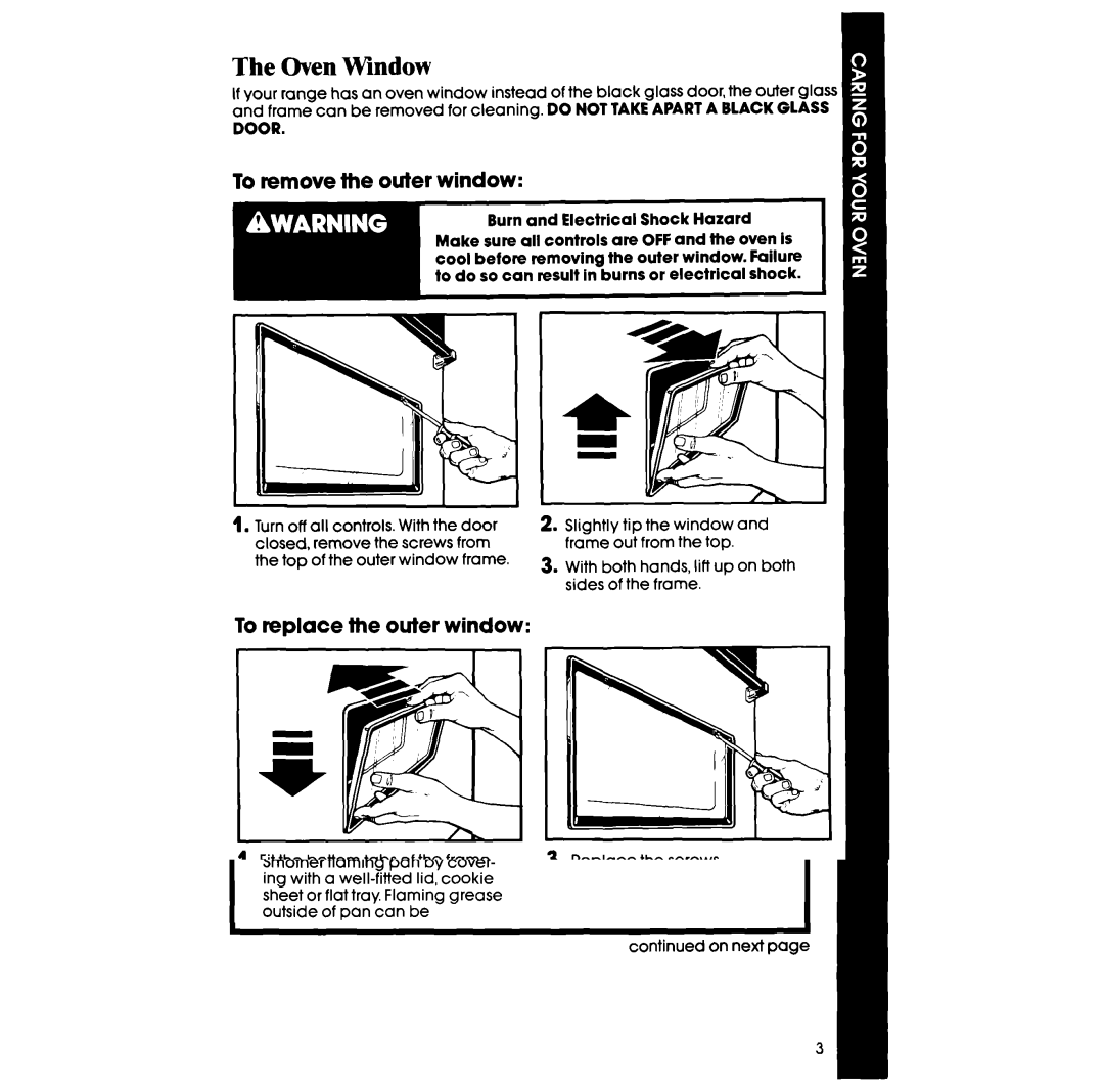 Whirlpool RBIOOOXV, RBIOOPXV manual Oven Window, To remove the outer window, To replace the outer window 