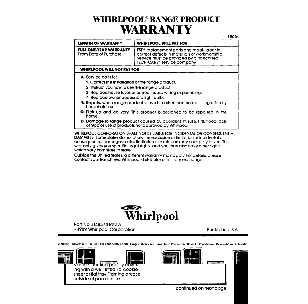 Whirlpool RBIOOPXV, RBIOOOXV manual WHIRLPOOL0 Range Product 