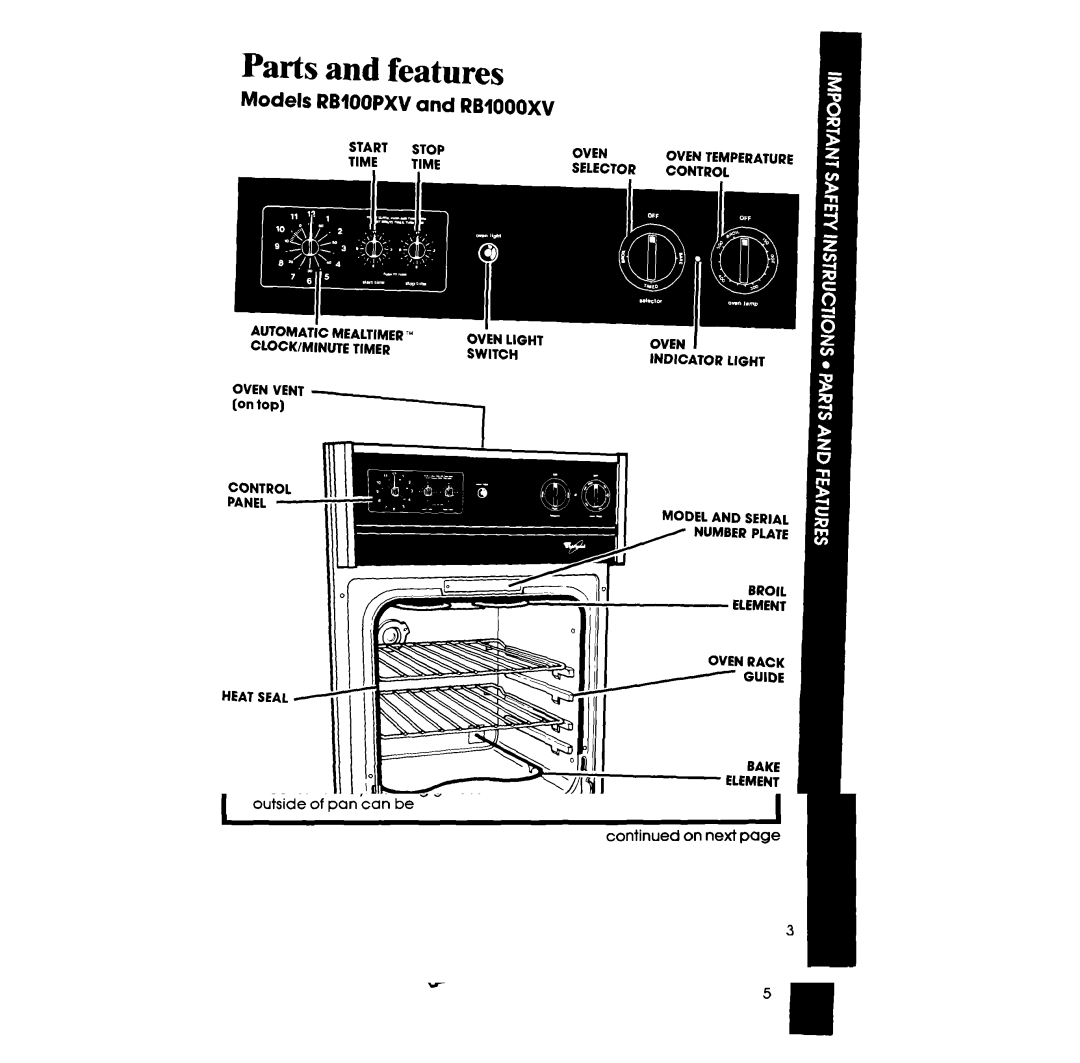 Whirlpool RBIOOOXV, RBIOOPXV manual Parts and features, Models Rbioopxv and Rbioooxv 