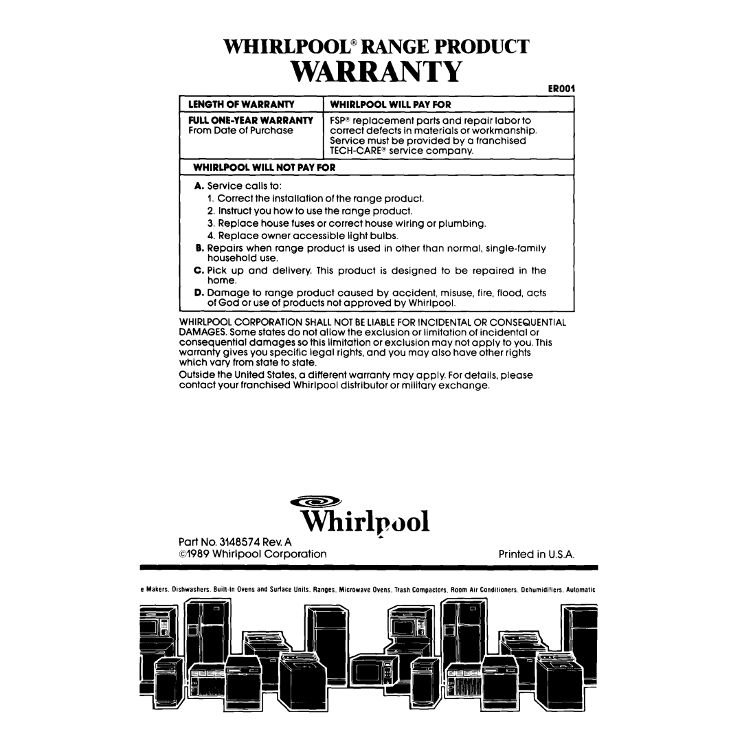 Whirlpool RBIOOPXV, RBIOOOXV manual W-Ty, WHIRLPOOL0 RANGE PRODUCT 