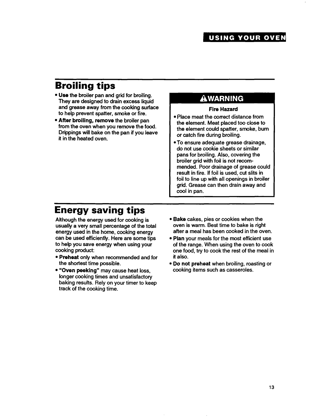 Whirlpool RBIZOPXY, RBIOOPXY, RBZZOPXY warranty Broiling tips, Energy saving tips, Fire Hazard 