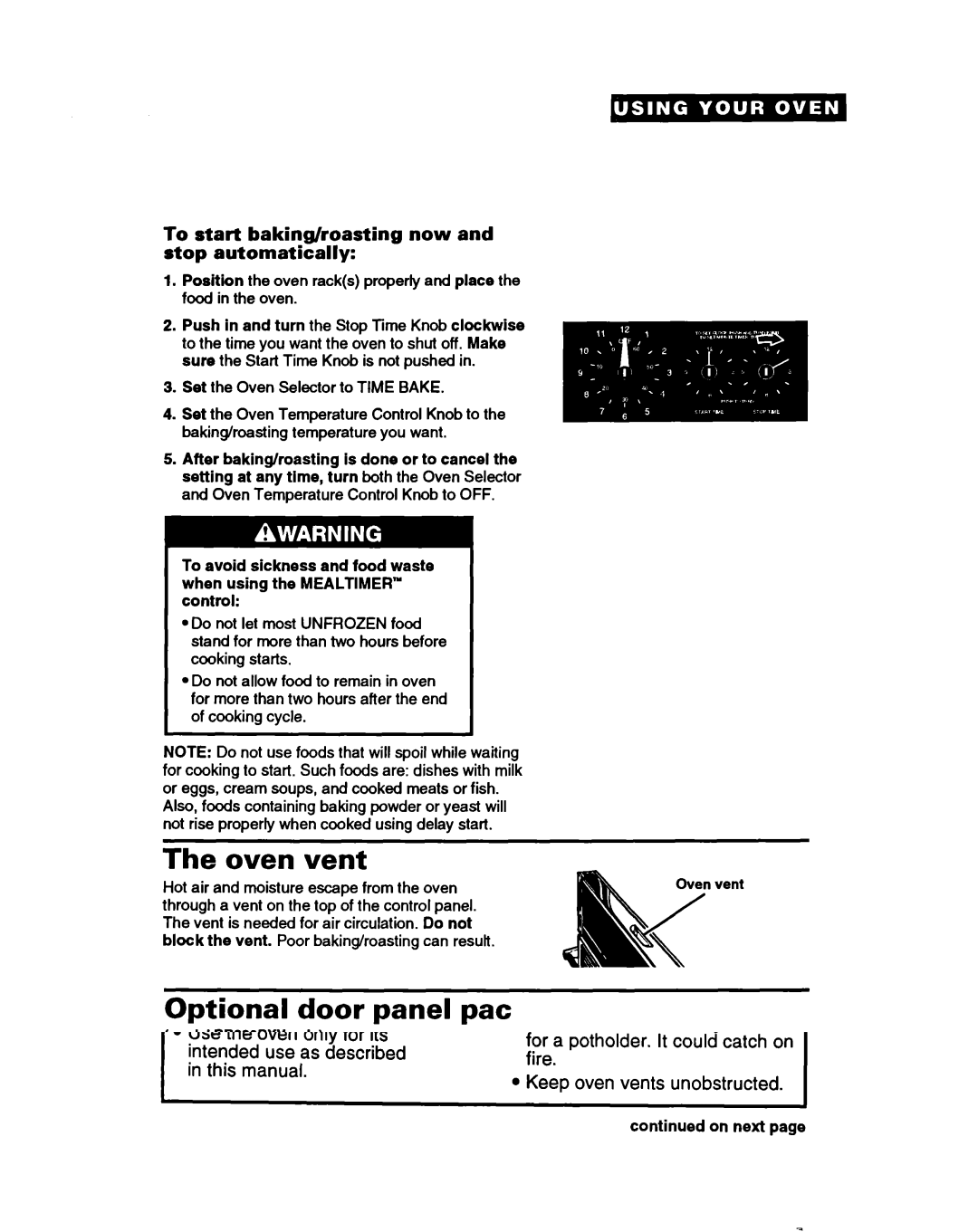 Whirlpool RBIOOPXY, RBIZOPXY Oven Vent, Optional door panel pat, To start baking/roasting now and stop automatically 