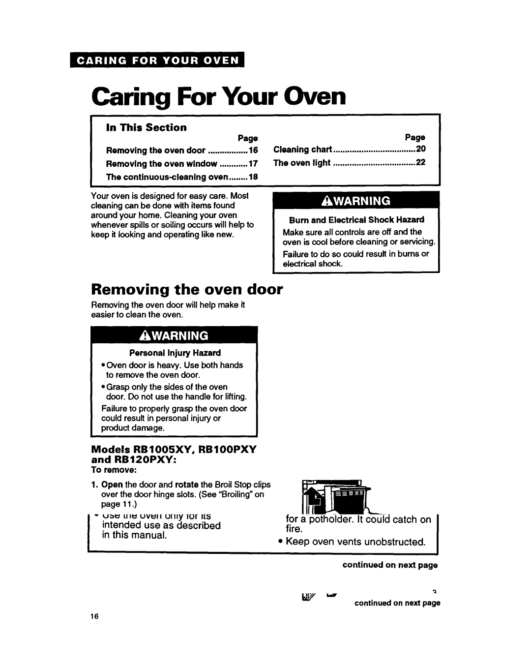 Whirlpool RBIZOPXY warranty Caring For Your Oven, Removing the oven door, This Section, Models RB1005XY, RBlOOPXY RBlZOPXY 