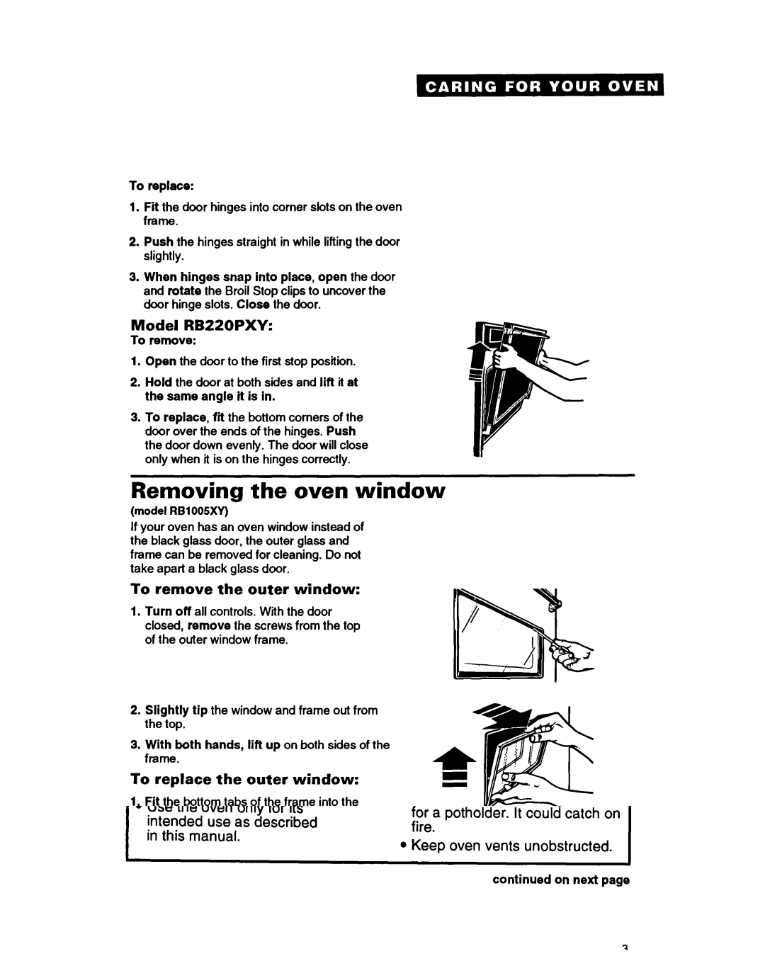 Whirlpool RBZZOPXY Removing the oven window, Model RB220PXY, To remove the outer window, To replace the outer window 
