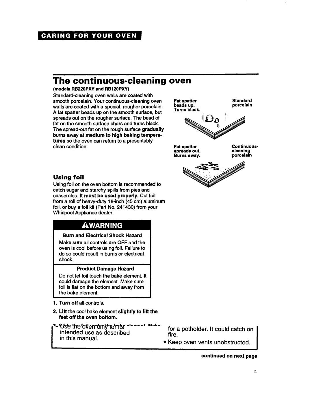 Whirlpool RBIOOPXY warranty Continuous-cleaning, Oven, Using foil, Burn and Electrical Shock Hazard, Product Damage Hazard 