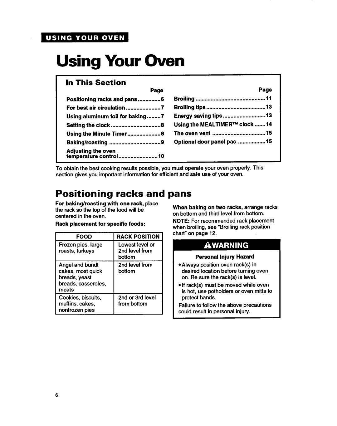 Whirlpool RBIOOPXY, RBIZOPXY, RBZZOPXY warranty Using Your Oven, Positioning racks and pans, Food Rack Position 