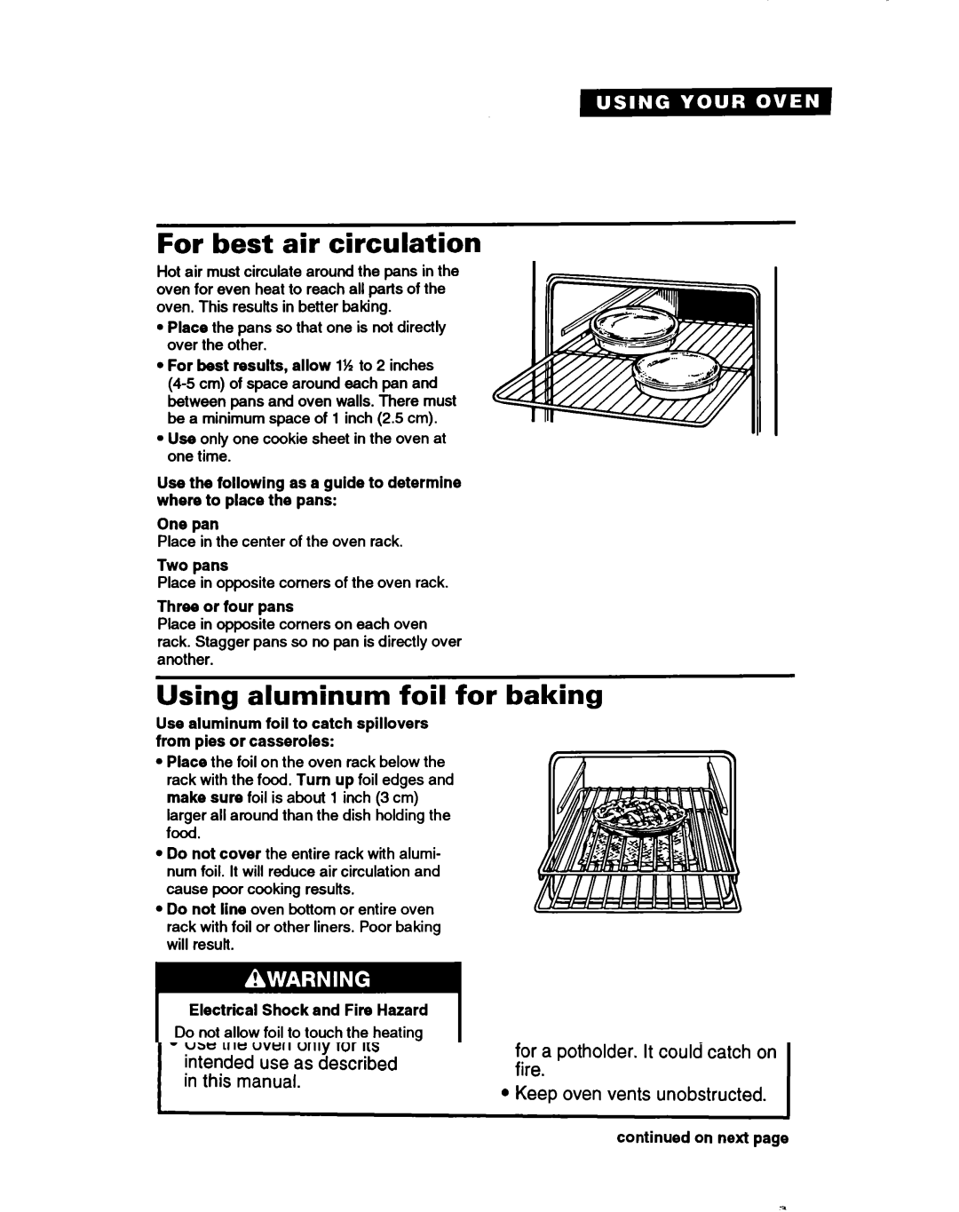 Whirlpool RBIZOPXY, RBIOOPXY warranty For best air circulation, Using aluminum foil for baking, Two pans, Three or four pans 