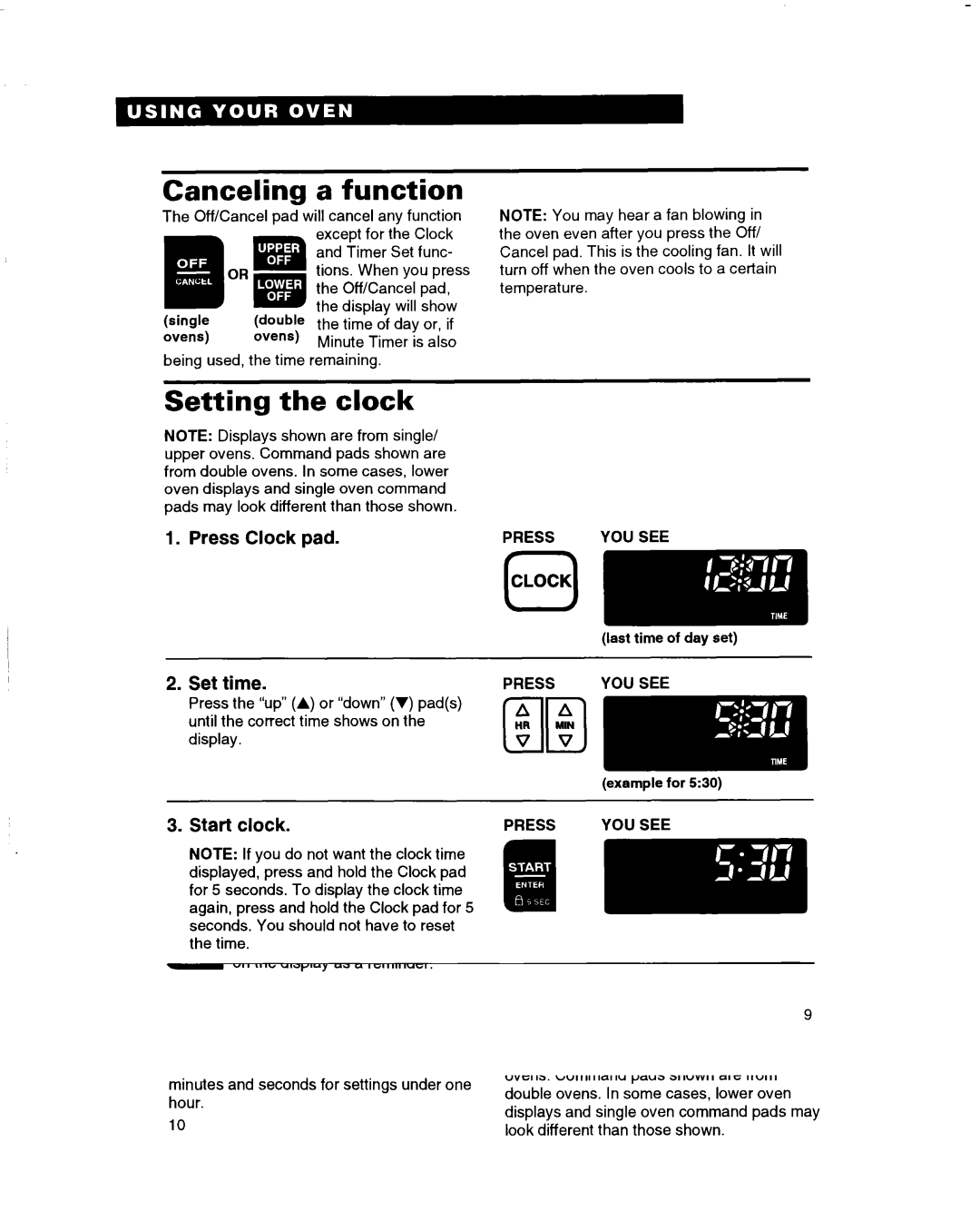 Whirlpool RBS245PD, RBS305PD Canceling a function, Setting the clock, Using the electronic Minute Timer, Press YOU see 