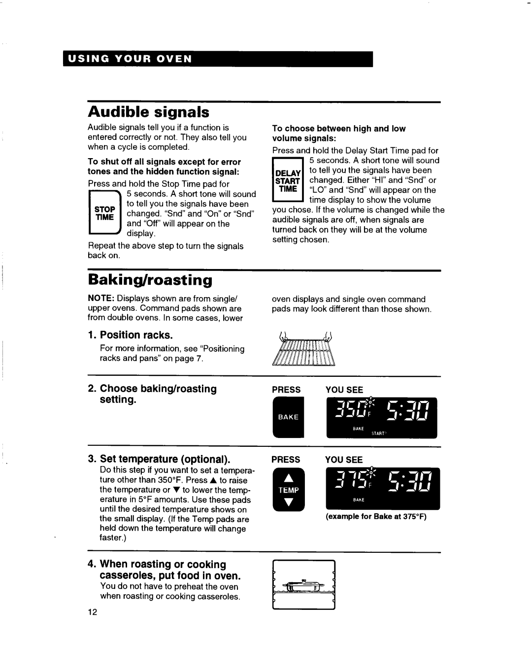 Whirlpool RBS270PD Audible signals, Baking/roasting, Position racks, When roasting or cooking casseroles, put food in oven 