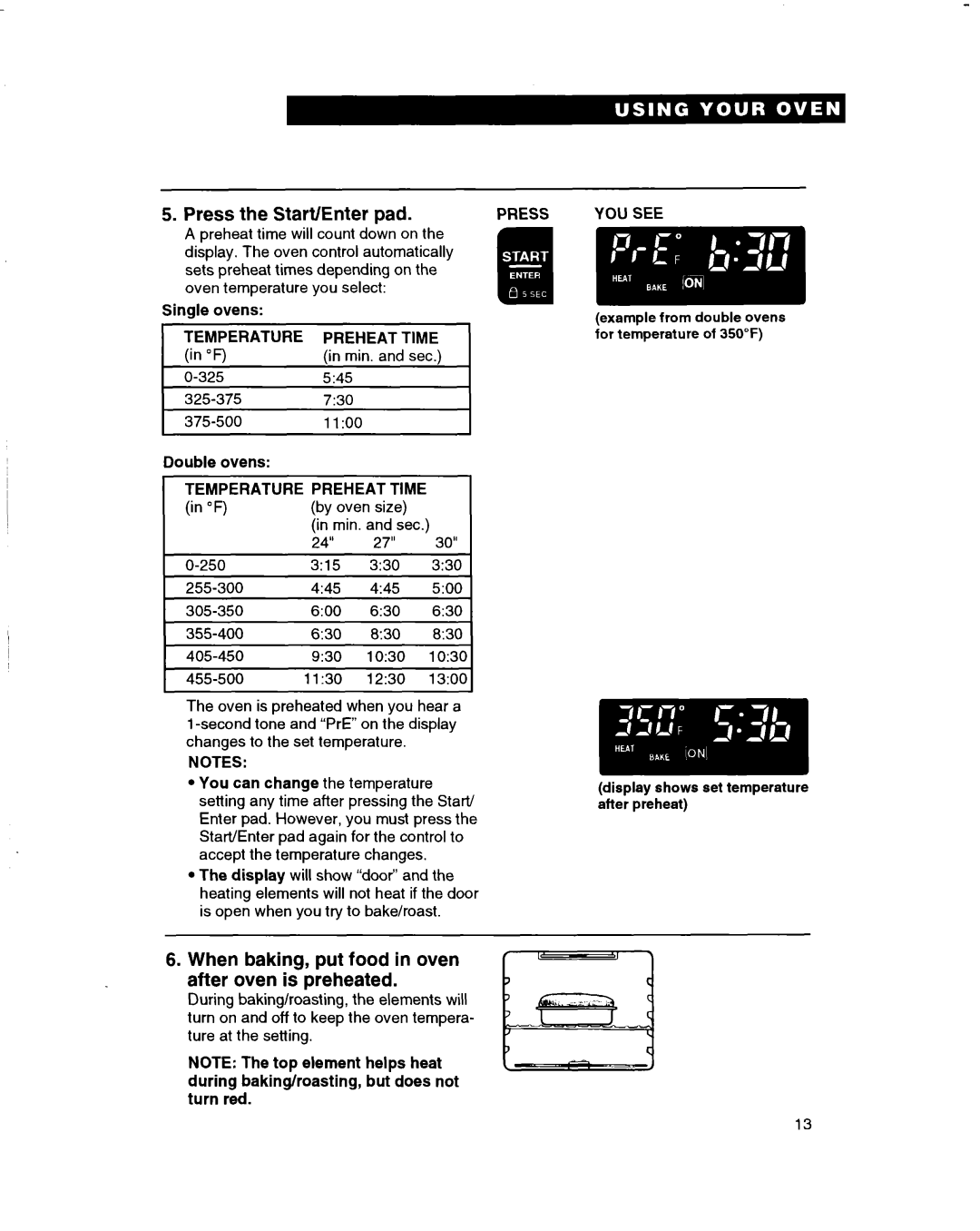 Whirlpool RBS275PD, RBS245PD, RBS305PD Press the Start/Enter pad, When baking, put food in oven after oven is preheated 