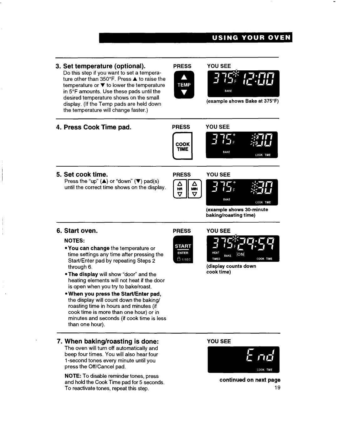 Whirlpool RBD305PD, RBS245PD, RBS305PD, RBS270PD, RBS275PD Press Cook Time pad Set cook time, When baking/roasting is done 