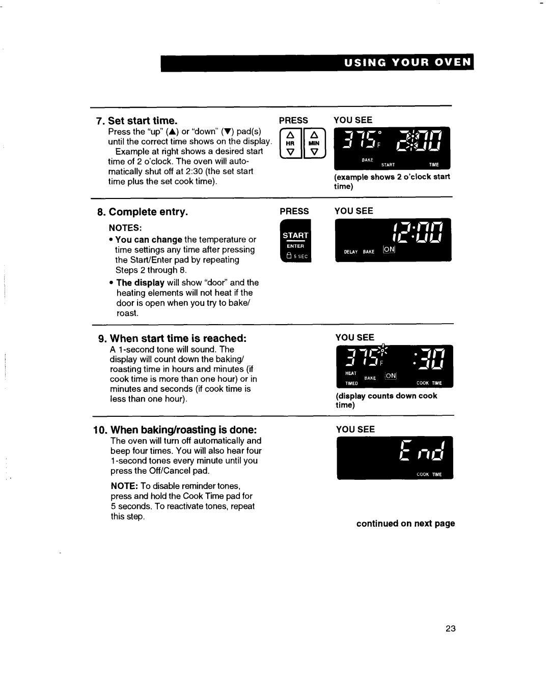 Whirlpool RBS275PD, RBS245PD, RBS305PD, RBS270PD, RBD275PD, RBD245PD, RBD306PD Set start time, When start time is reached 