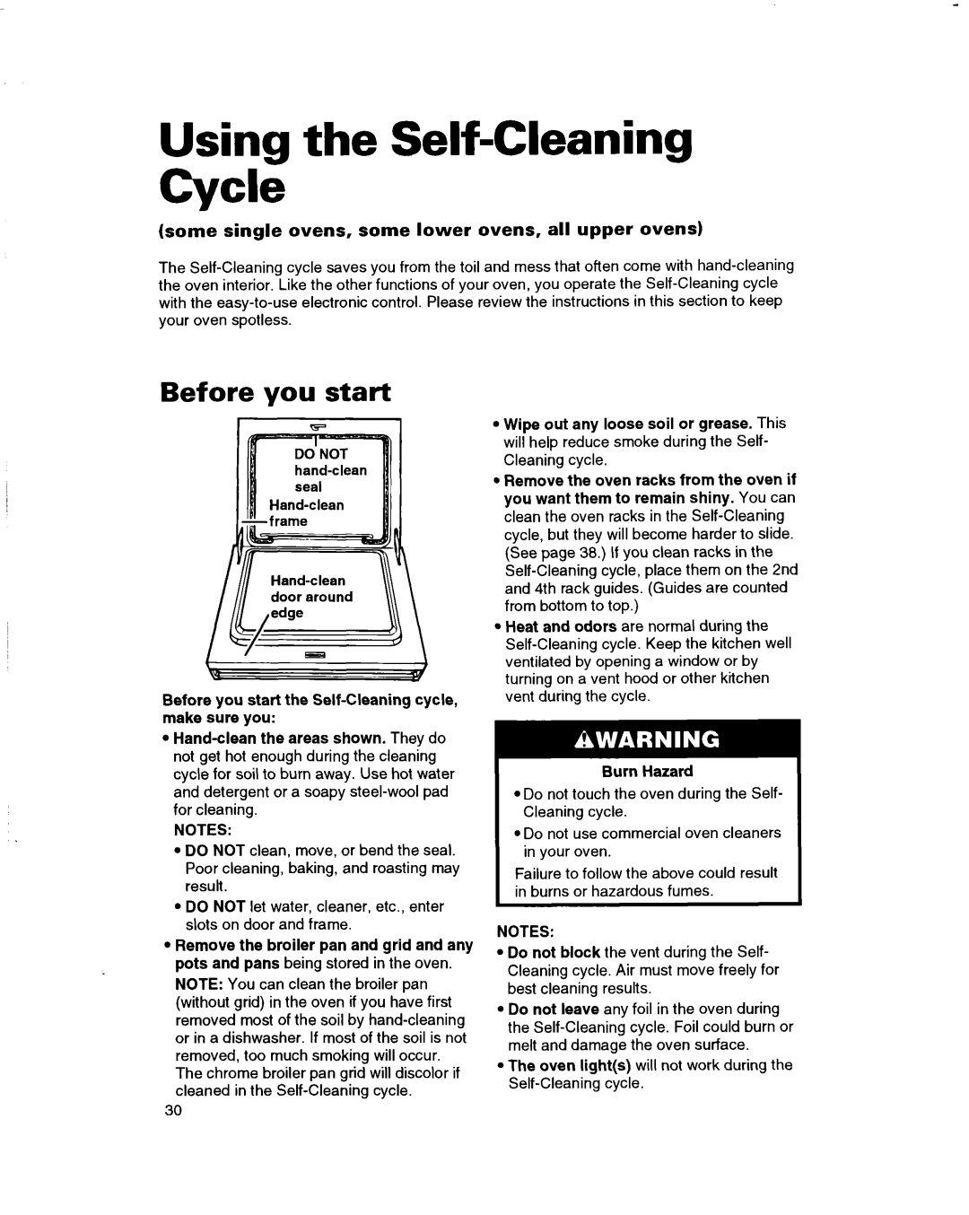 Whirlpool RBS245PD Using the Self-Cleaning Cycle, Before you start, Some single ovens, some lower ovens, all upper ovens 