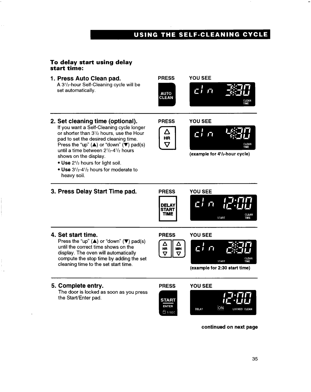 Whirlpool RBD245PD Press Auto Clean pad, Press Delay Start Time pad Set start time, To delay start using delay start time 