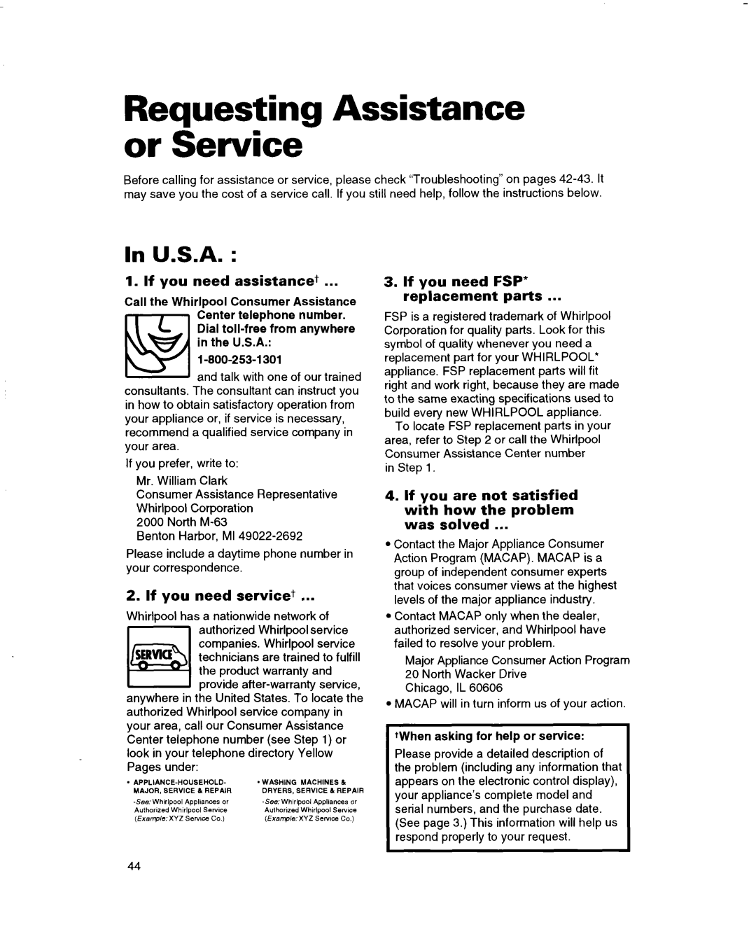 Whirlpool RBD275PD, RBS245PD, RBS305PD, RBS270PD, RBS275PD, RBD245PD, RBD306PD, RBS240PD Requesting Assistance or Service, U.S.A 