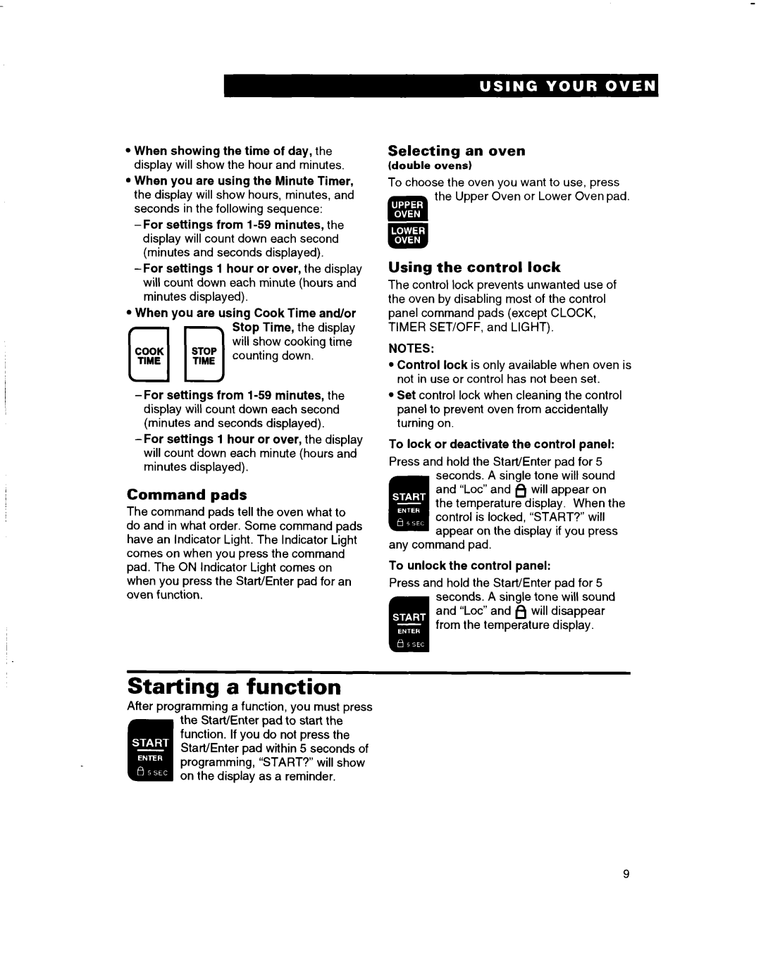 Whirlpool RBD305PD, RBS245PD, RBS305PD warranty Starting a function, Command pads, Selecting an oven, Using the control lock 