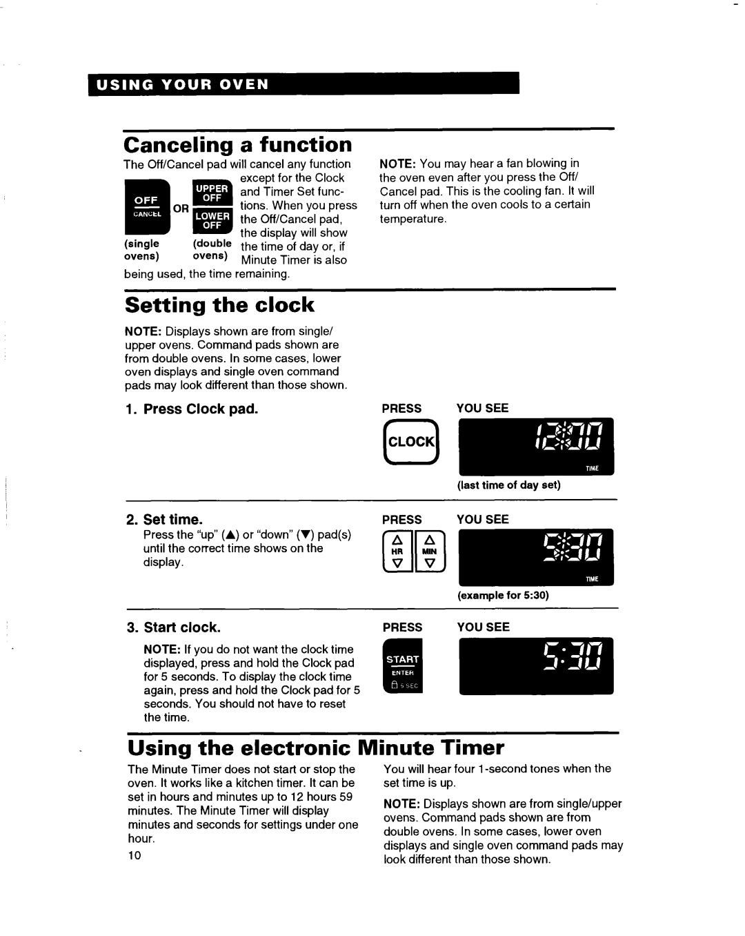 Whirlpool RBS245PD, RBS305PD, RBS270PD Canceling a function, Setting the clock, Using the electronic Minute Timer, liin 