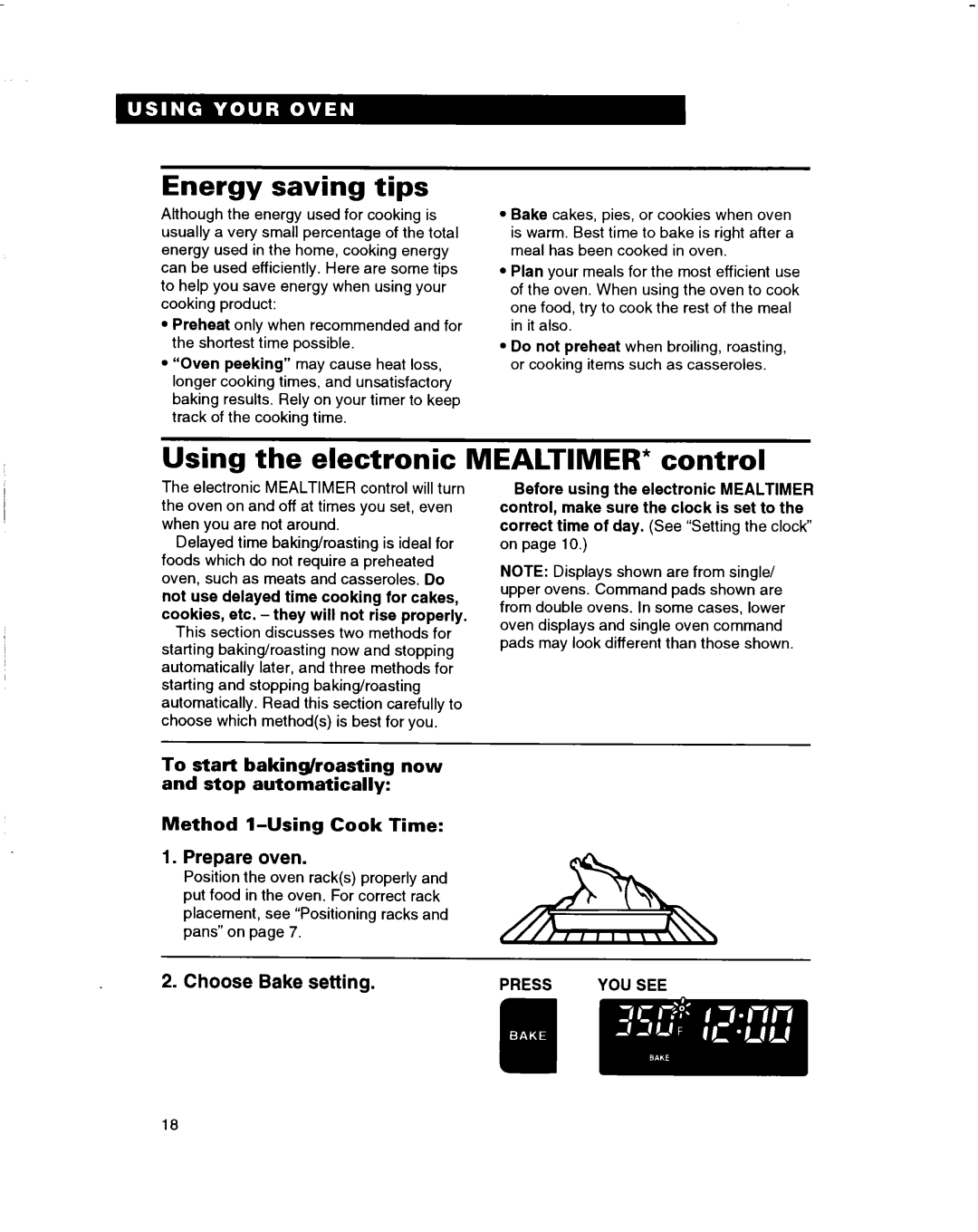 Whirlpool RBD276PD warranty Energy saving tips, Using the electronic MEALTIMER* control, Prepare oven, Choose Bake setting 