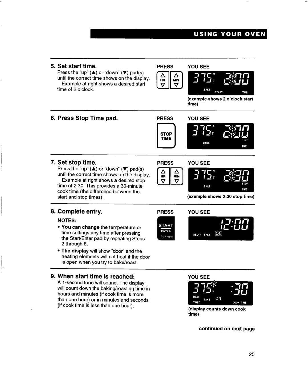 Whirlpool RBD245PD warranty Set start time, Press Stop Time pad, Set stop time, Complete entry, When start time is reached 