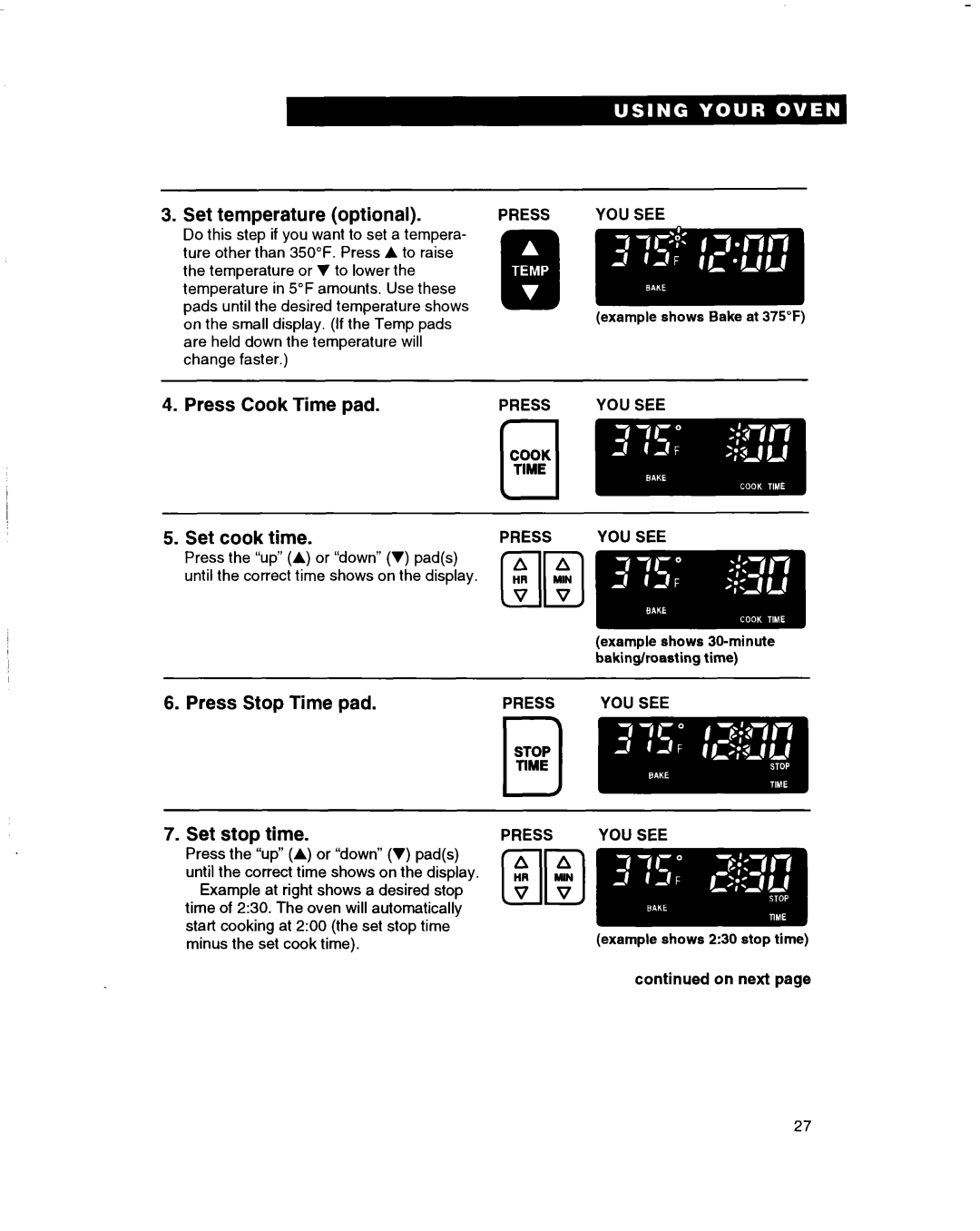 Whirlpool RBS240PD Press Cook Time pad 5.Set cook time, Set temperature optional, Press Stop Time pad, Set stop time 