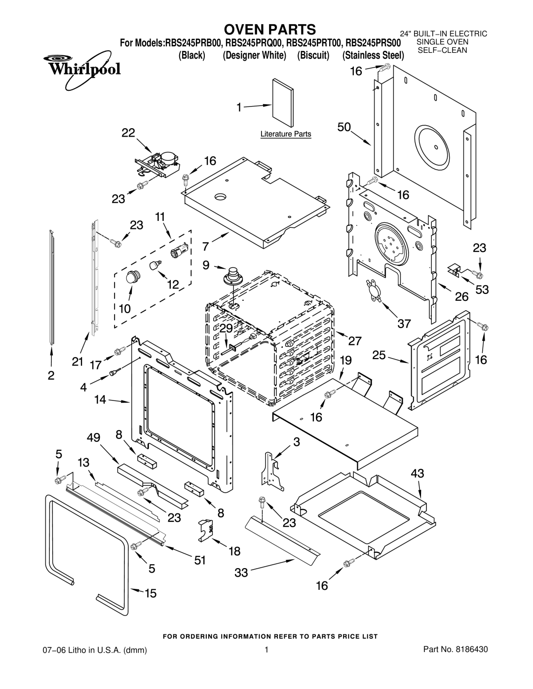 Whirlpool RBS245PR manual Oven Parts 