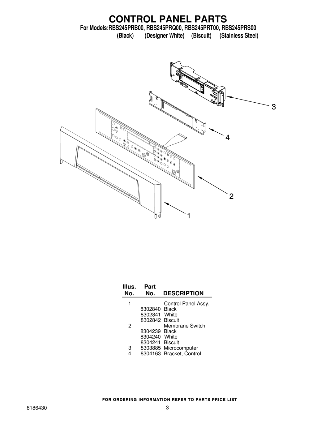 Whirlpool RBS245PR manual Control Panel Parts 