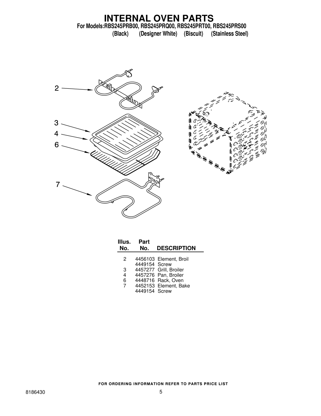 Whirlpool RBS245PR manual Internal Oven Parts 