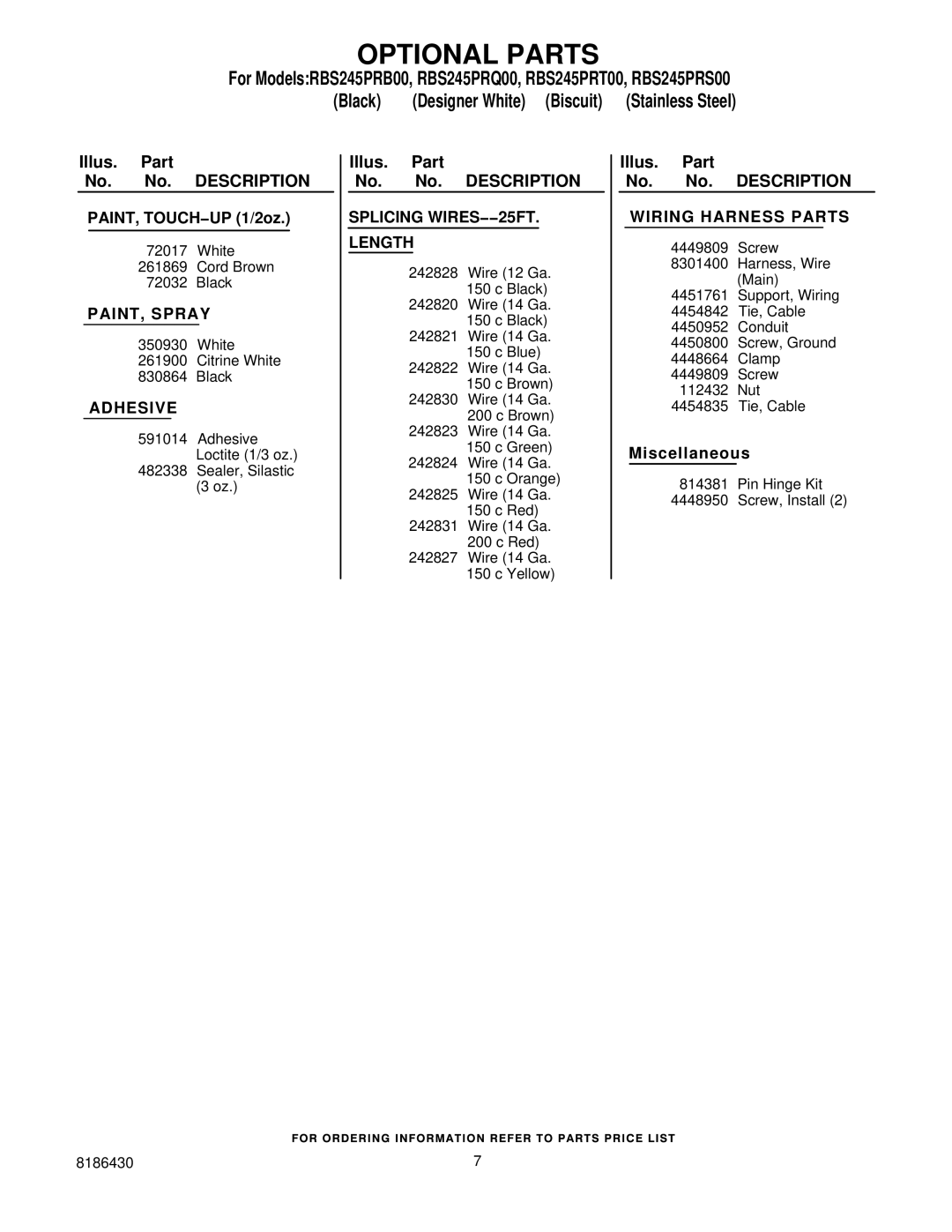 Whirlpool RBS245PR manual Optional Parts, Splicing WIRES−−25FT Length 