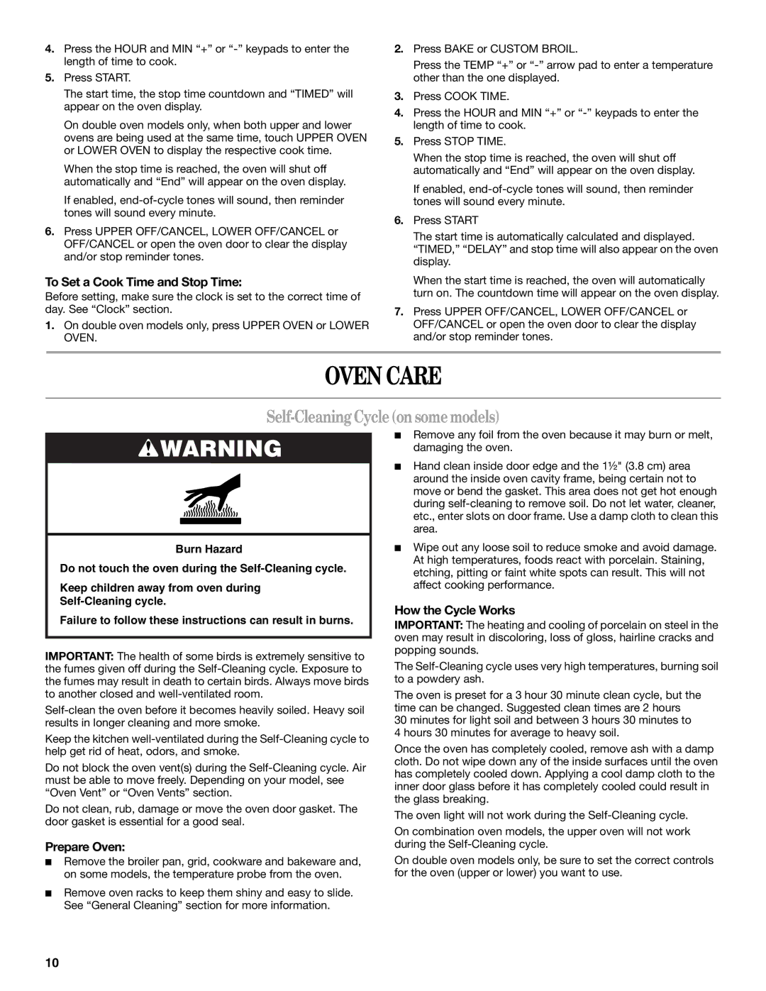 Whirlpool RBS245PRB manual Oven Care, Self-Cleaning Cycle on some models, To Set a Cook Time and Stop Time, Prepare Oven 